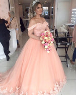 Cargar imagen en el visor de la galería, Peach Tulle Sweetheart Princess Wedding Dresses Lace Off Shoulder
