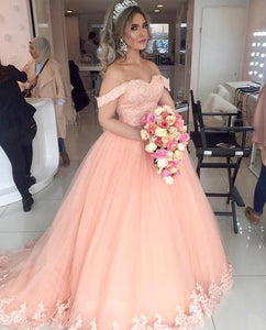 Peach Tulle Sweetheart Princess Wedding Dresses Lace Off Shoulder