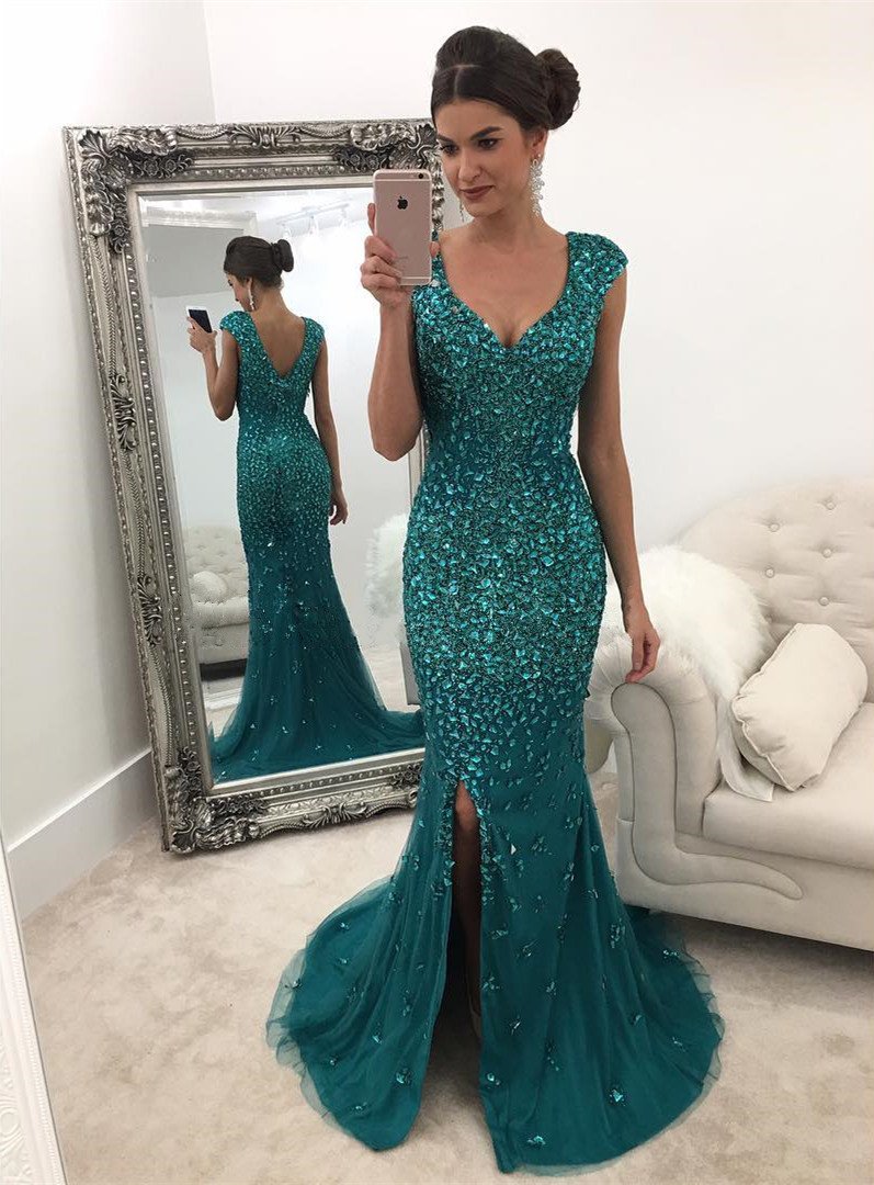 Emerald Green Mermaid Prom Dresses Crystal Beaded Evening Gowns