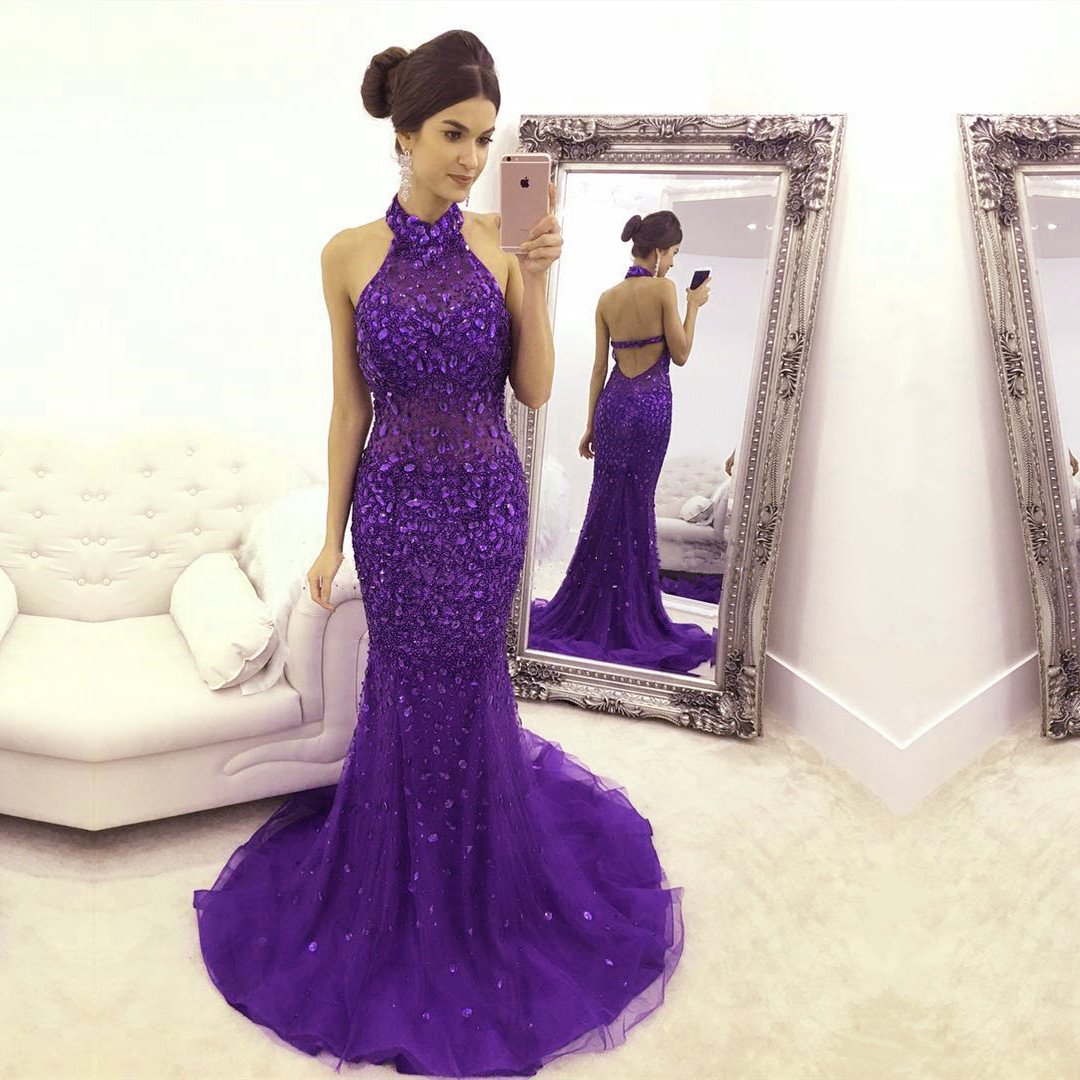 Purple Crystal Beaded Halter Evening Dresses Mermaid 2017 Luxury Prom Gowns
