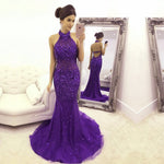 Load image into Gallery viewer, Purple Crystal Beaded Halter Evening Dresses Mermaid 2017 Luxury Prom Gowns
