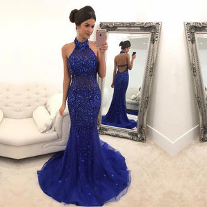 Purple Crystal Beaded Halter Evening Dresses Mermaid 2017 Luxury Prom Gowns