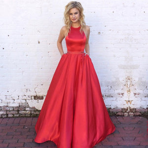 halter long satin red ball gowns prom dresses open back