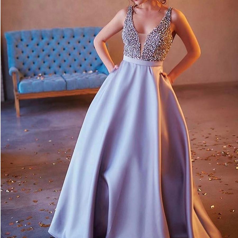 V Neck Long Satin Silver Prom Dresses Pearl Beaded 2017 Sexy