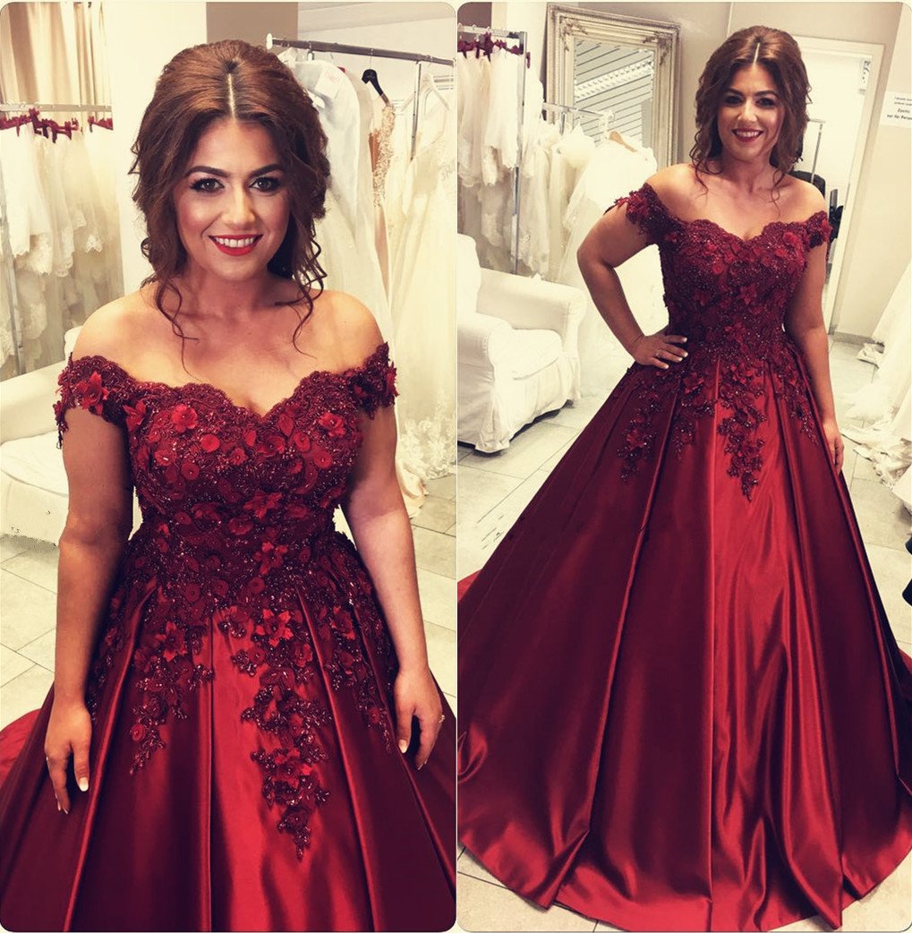 Burgundy satin ball gown wedding dresses off the shoulder
