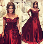 Cargar imagen en el visor de la galería, Burgundy satin ball gown wedding dresses off the shoulder
