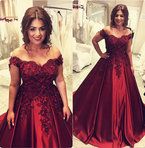 Burgundy satin ball gown wedding dresses off the shoulder