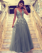 Load image into Gallery viewer, Lace Embroidery V-neck Tulle Prom Dresses Floor Length Evening Gowns
