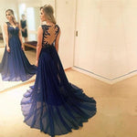 Cargar imagen en el visor de la galería, elegant lace appliques chiffon navy blue evening gowns 2017 prom long dress
