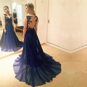 elegant lace appliques chiffon navy blue evening gowns 2017 prom long dress