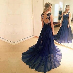 elegant lace appliques chiffon navy blue evening gowns 2017 prom long dress