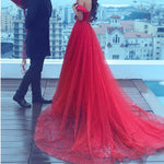 Load image into Gallery viewer, Red Tulle  Off The Shoulder Long Prom Evening Dresses Pearl Beaded 2017
