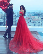 Load image into Gallery viewer, Red Tulle  Off The Shoulder Long Prom Evening Dresses Pearl Beaded 2017
