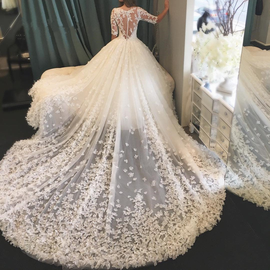 modest half sleeves lace princess wedding dresses royal train