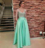 Load image into Gallery viewer, Gorgeous Beading Scoop Neckline Long Satin Prom Dresses 2017
