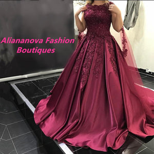 Vintage Lace Cap Sleeves Long Satin Burgundy Wedding Dresses Ball Gowns
