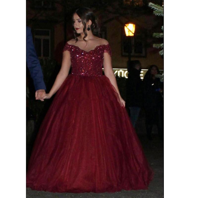 Gorgeous Lace Beaded Sheer Neckline Maroon Ball Gown Wedding Dresses