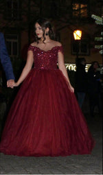Cargar imagen en el visor de la galería, Gorgeous Lace Beaded Sheer Neckline Maroon Ball Gown Wedding Dresses
