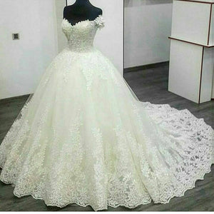 Vintage V-neck Off The Shoulder Lace Wedding Ball Gown Dresses 2018