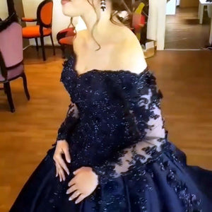 Midnight-Blue-Prom-Gowns-Off-The-Shoulder-Quinceanera-Dresses-Lace-Long-Sleeves-2019