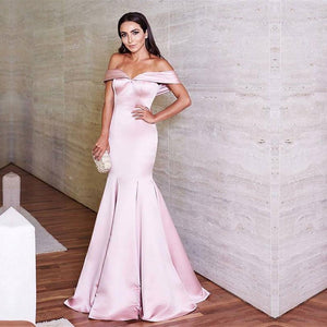 pink satin long mermaid prom dresses off the shoulder evening gowns