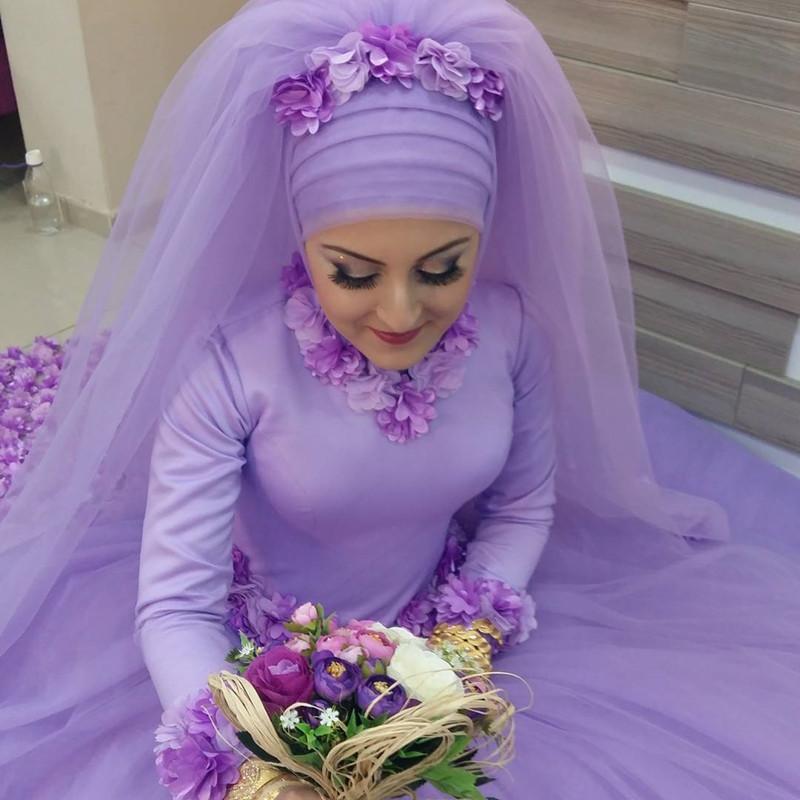 Long Sleeves Ball Gowns Flower Wedding Dresses Hijab For Muslim Arabic Women