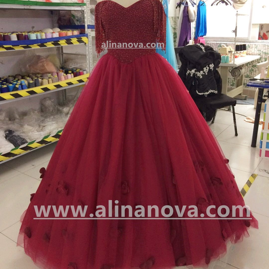 Burgundy Wedding Dresses Ball Gowns Off The Shoulder With Tassel