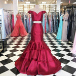 Load image into Gallery viewer, off the shoulder burgundy evening dress mermaid new two piece prom dress
