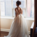 Load image into Gallery viewer, Deep V Neck White Satin Ball Gown Wedding Dresses Open Back
