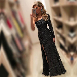 fully sequins and beaded black mermaid evening dresses one shoulder prom gowns with slit