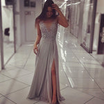 Load image into Gallery viewer, gorgeous pearl beading cap sleeves long chiffon silver prom evening dresses 2017
