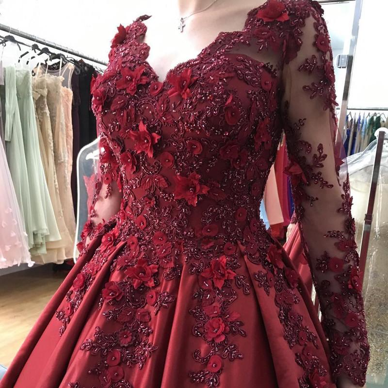Lace Flower Beaded Long Sleeves Ball Gowns Wedding Dresses 2017