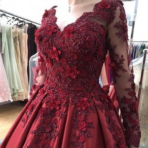 Lace Flower Beaded Long Sleeves Ball Gowns Wedding Dresses 2017