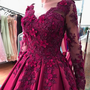 Lace Flower Beaded Long Sleeves Ball Gowns Wedding Dresses 2017