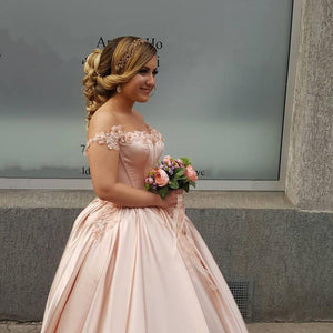 Elegant Handmade Flower Off Shoulder Quinceanera Dresses Blush Pink Ball Gowns