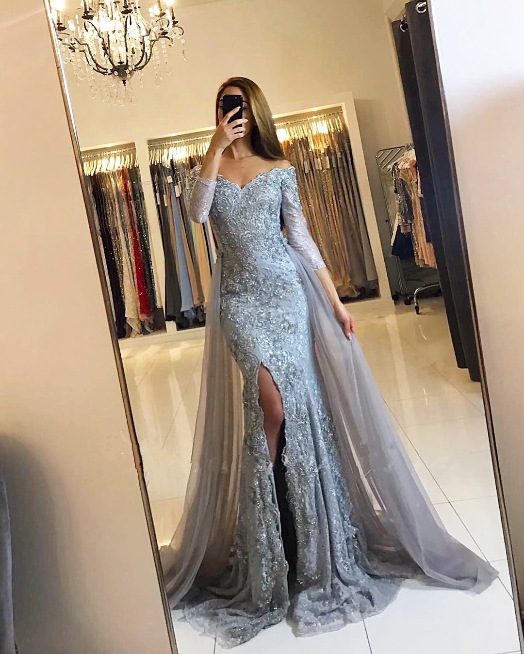 3/4 -Sleeves-Lace-Mermaid-Prom-Dresses-2019-Modest-Evening-Gowns