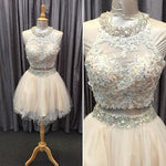 Load image into Gallery viewer, light champagne tulle lace beading homecoming dresses two piece style
