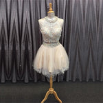 Load image into Gallery viewer, light champagne tulle lace beading homecoming dresses two piece style
