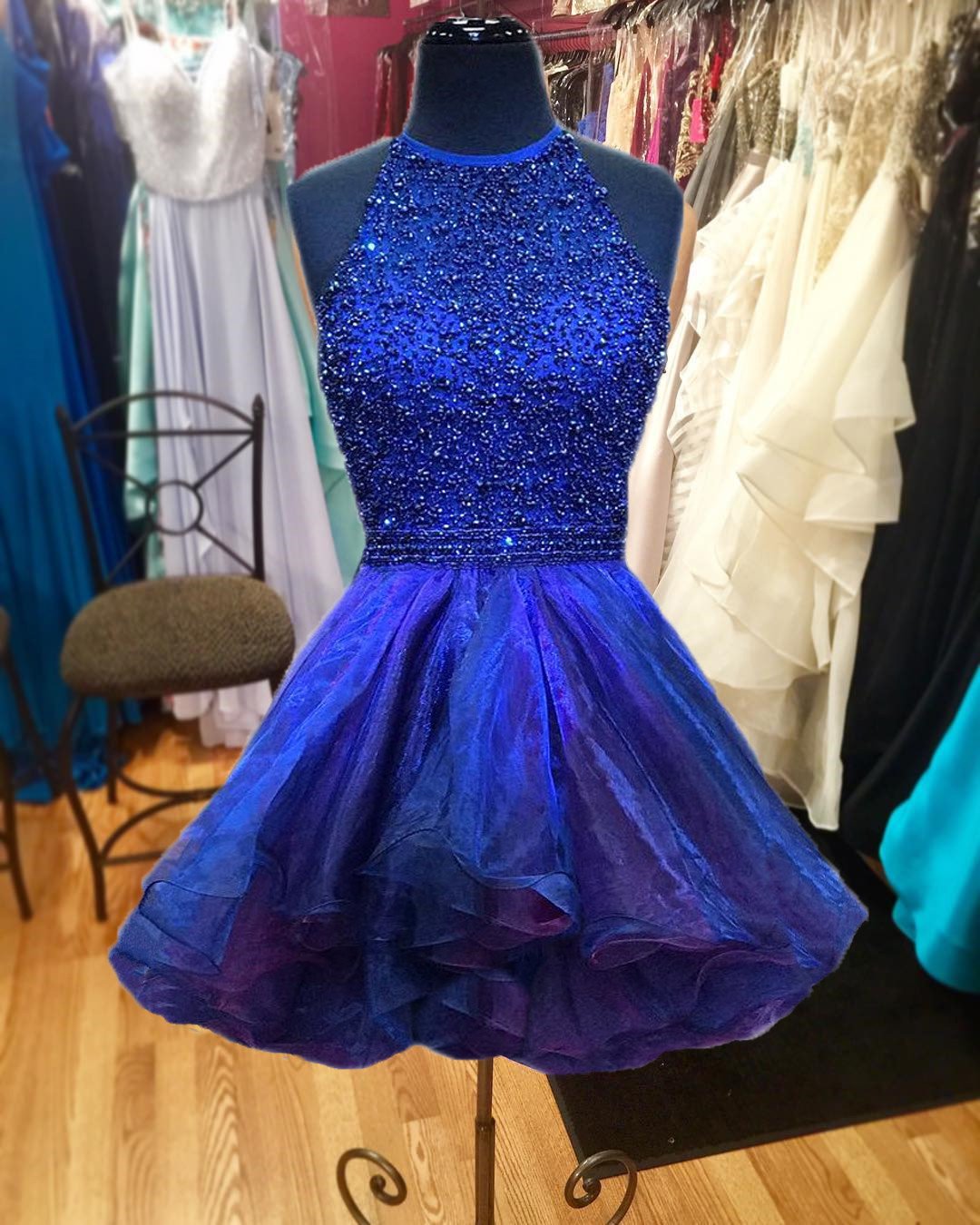 ombre ruffles homecoming dresses beaded halter prom gowns