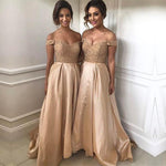 Load image into Gallery viewer, Gold Sequins Beads V Neck Long Satin Bridesmaid Dresses 2017

