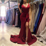 Load image into Gallery viewer, Sexy V Neck Long Slit Burgundy Prom Dresses Mermaid 2017

