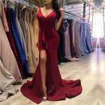 Load image into Gallery viewer, Sexy V Neck Long Slit Burgundy Prom Dresses Mermaid 2017
