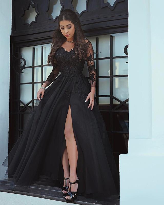 Elegant-Lace-Appliques-Tulle-Split-Prom-Gowns-Long-Sleeves-Evening-Dresses