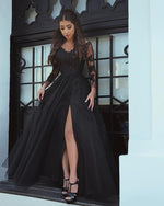 Load image into Gallery viewer, Elegant-Lace-Appliques-Tulle-Split-Prom-Gowns-Long-Sleeves-Evening-Dresses
