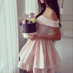 Load image into Gallery viewer, Pink Satin V Neck Off Shoulder Homecoming Dresses Short Ruffle Prom Gowns
