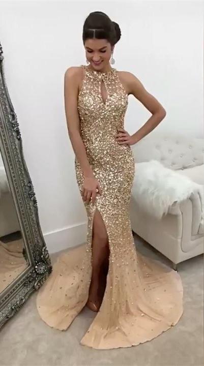 Champagne Crystal Beaded Mermaid Prom Dresses Halter Evening Gowns