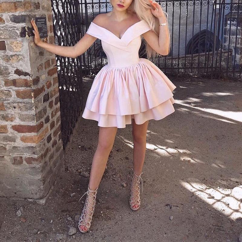 Pink Satin V Neck Off Shoulder Homecoming Dresses Short Ruffle Prom Gowns