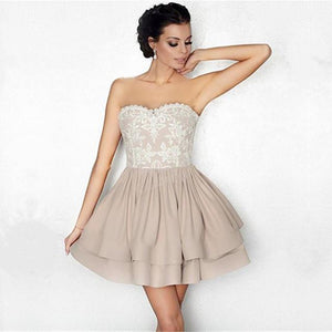 White Lace Appliques Nude Satin Ruffle Homecoming Dresses 2018