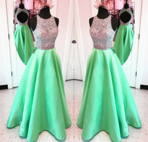 Unique Keyhole Back Long Satin Prom Dresses Ball Gowns Sequins And Beaded