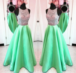 Unique Keyhole Back Long Satin Prom Dresses Ball Gowns Sequins And Beaded